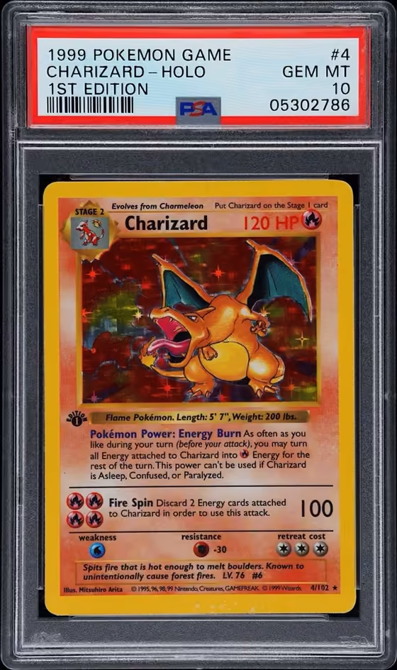 1999 Pok&eacute;mon 1st Edition Charizard holo card, graded PSA Gem Mint 10